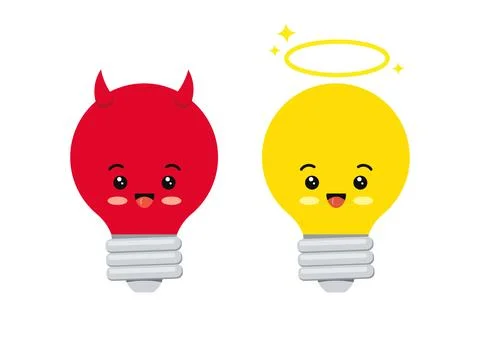 Devil and angel light bulb cute kawaii character vector icon. Stock Illustration