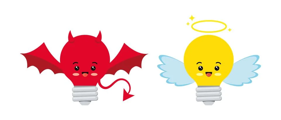 Devil and angel light bulb character vector icon. Stock Illustration