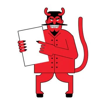 Devil and  contract.  Scary Mephistopheles offers deal to sign in blood. Red  Stock Illustration