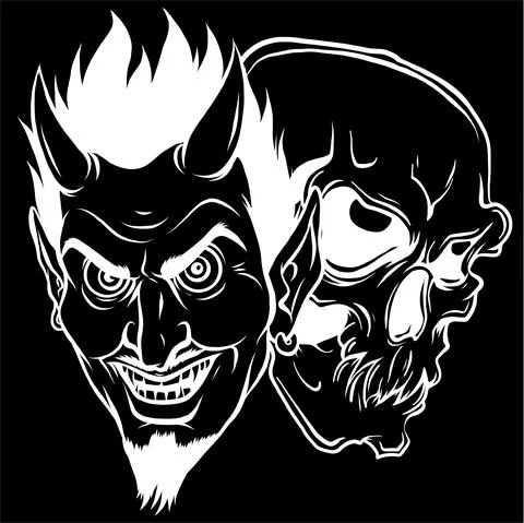 Devil and skull head silhouette in black background vector illustration design Illustrazione stock