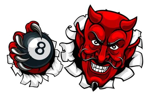 Devil Angry Pool 8 Ball Billiards Mascot Cartoon 스톡 일러스트