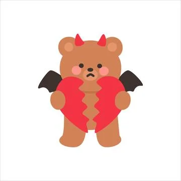 Devil Bear Holding a Broken Heart with a Sad Expression Stock Illustration