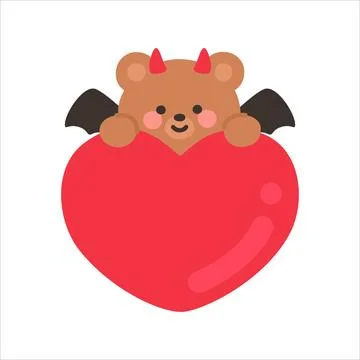 Devil Bear Popping Up from Behind a Large Red Heart Stock Illustration