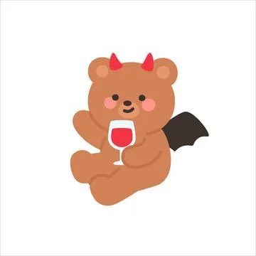 Devil Bear Sitting and Waving While Holding a Glass of Wine Stock Illustration