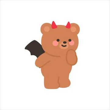 Devil Bear Standing with One Hand on Cheek and a Curious Expression Illustrazione stock