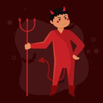 Devil boy with horns and trident for Halloween, Vector Stock Illustration