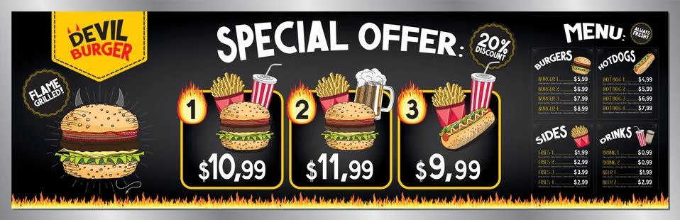 Devil burger bar menu template - price list/ ordering board/ banner Stock Illustration