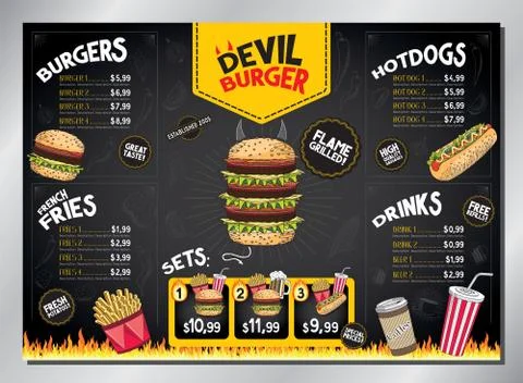 Devil burger card template - table menu - A3 size (420x297 mm) Stock Illustration