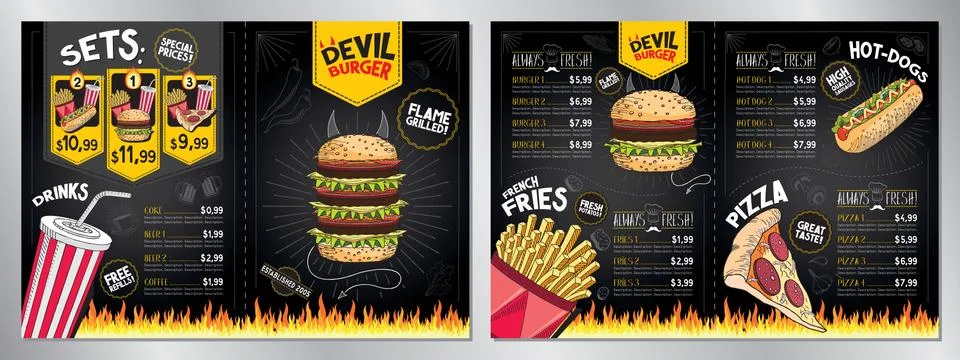 Devil burger - restaurant menu card/ template - 2 x A4 (210x297 mm) Stock Illustration
