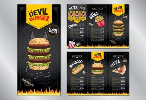 Devil burger - restaurant menu card/ template - 3 x DL (99x210 mm) Stock Illustration