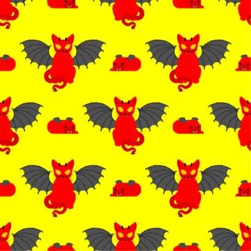 Devil cat pattern seamless. Satan pet background. Red demon animal texture. v Stock Illustration