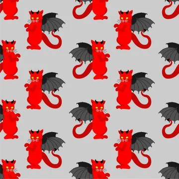 Devil cat pattern seamless. Satan pet background. Red demon animal texture. v Stock Illustration