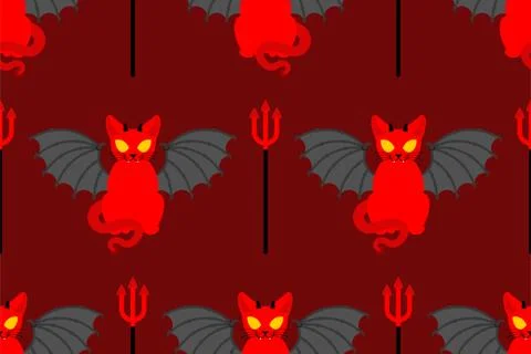 Devil cat pattern seamless. Satan pet background. Red demon animal texture. v 스톡 일러스트