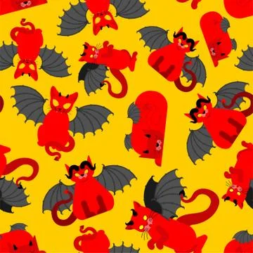 Devil cat pattern seamless. Satan pet background. Red demon animal texture. v 스톡 일러스트