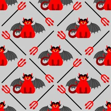Devil cat pattern seamless. Satan pet background. Red demon animal texture. v Stock Illustration