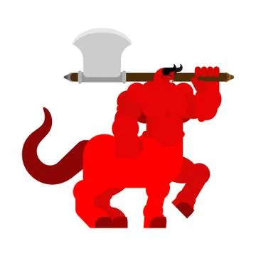 Devil centaur with ax. Strong Angry Asmodeus. Militant demon big. Horned Sata Stock Illustration