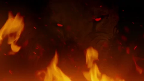 Devil Concept Of Huge Red Eyed Beast In Fire Stock Footage 158336116