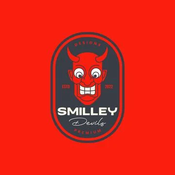 Devil demon evil horned smile cartoon mascot badge vintage logo design vector Stock Illustration