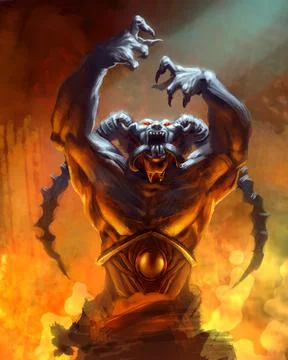 Devil demon in hell with horns and dynamic hands Stock Illustration