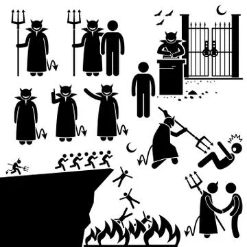 Devil Demon Satan Hell Underworld Stick Figure Pictogram Icons Illustrazione stock