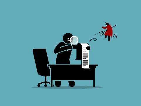 The devil is in the details. Vector artwork showing a man checking a document 스톡 일러스트