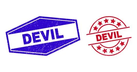 DEVIL Distress Watermarks in Circle and Hexagonal Shapes Stock Illustration