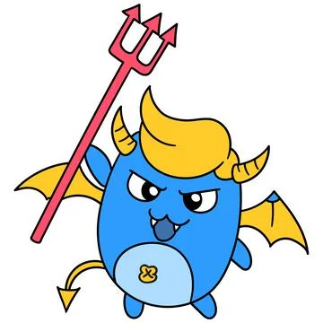 Devil emoji sticker with evil face and stick, doodle kawaii. doodle icon imag Stock Illustration