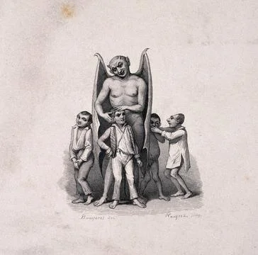 The devil examining the head of a boy; three other boys lurk under the devi.. Stock-Illustration