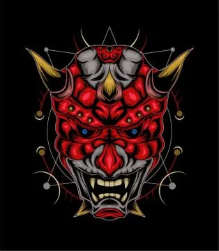 Devil face illustration. vector head of red demon. japanese demon mask Stock Illustration