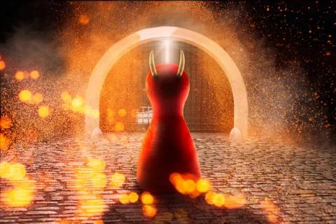 Devil figure in front of the door to the hell. WIth Copy space. Stock Photos