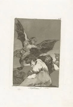 . A devil figure with wings blows to three monks. This cover their ears. E... Stock Photos