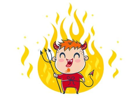 Devil in the fire in kawaii style Stock Illustration
