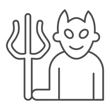 Devil with fork thin line icon, halloween concept, demon with trident sign on Stock Illustration