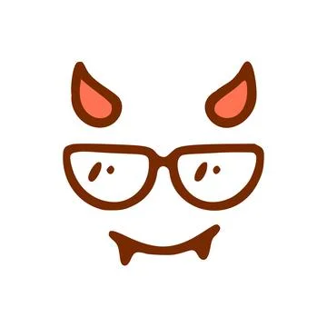 Devil with glasses face doodle icon. Emoticon in hand drawn style isolated on Stock Illustration