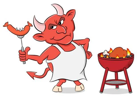 Devil with grilled sausages and apron Stock Illustration