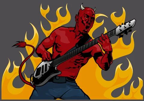 Devil Guitarist with Flames in the Background Stock Illustration