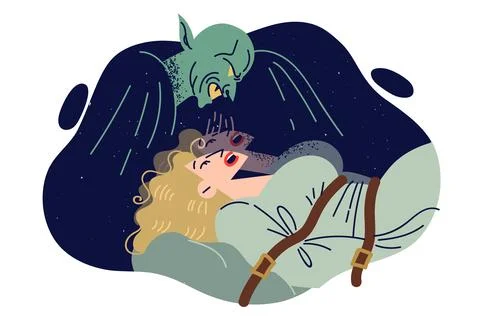 Devil has kidnapped and tied up frightened girl, and sucks soul out victim in Illustrazione stock