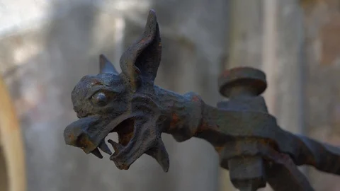 Devil head made of metal. torch holder close up Video stock 116204393