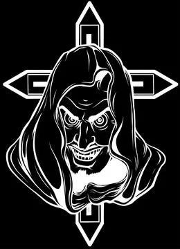 Devil head in white line on black background Illustrazione stock