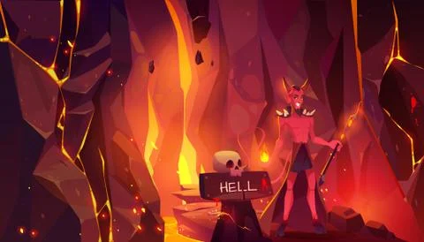 Devil hell horned heck with hooves and pitchfork Stock Illustration