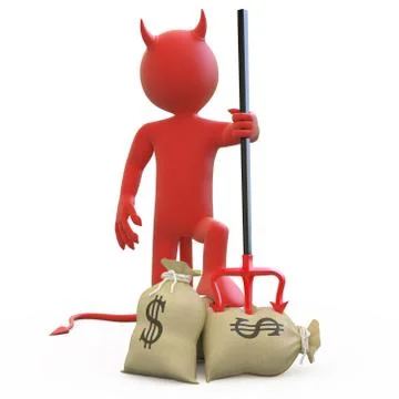 Devil with his trident stuck in sack of dollars Stock Illustration