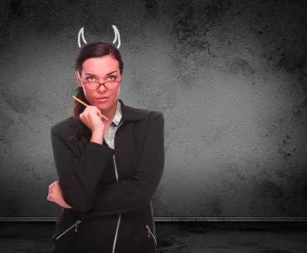 Devil Horns Drawn on Head of Red Faced Young Adult Woman with Pencil In Front Stock Photos