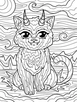 Devil Kitten, Hells Pet. Children coloring book. Freehand sketch for adult 库存插图