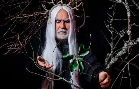 Devil man on Halloween night. Bearded male in witcher costume. Sinister sorce Foto stock