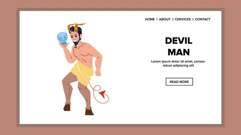 Devil Man With Horns Holding Human Skull Vector Stock Illustration