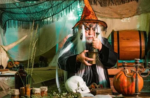 Devil man with skull on Halloween night. Halloween 31 October. Halloween man Stock Photos