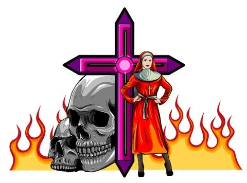 Devil nun with skull evil. Halloween concept. Flat design vector イラスト素材