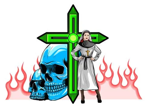 Devil nun with skull evil. Halloween concept. Flat design vector Stock Illustration