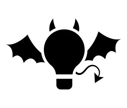 Devil or demon light bulb black silhouette icon isolated on white background. Illustrazione stock