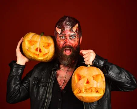 Devil or monster with October decorations. Halloween party concept. 스톡 사진